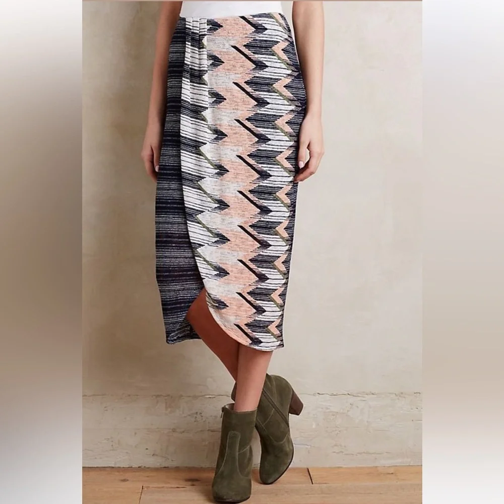 Anthropologie Maeve Plata‎ Chevron Women’s Stretch Midi Skirt Faux Wrap Large
